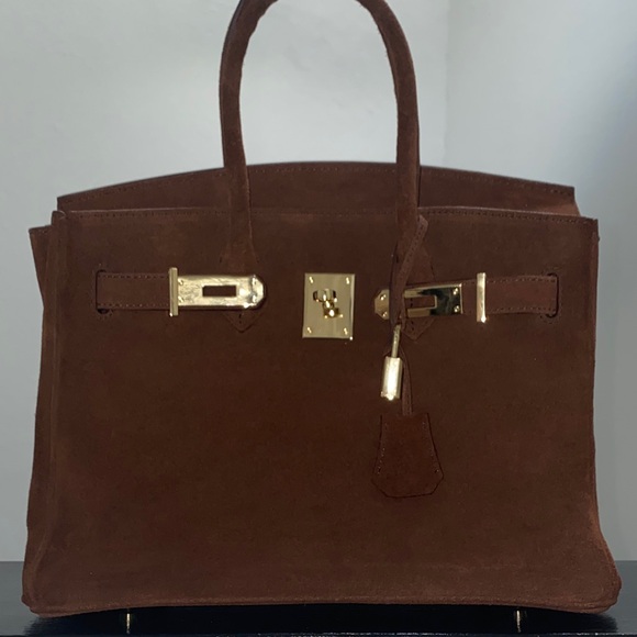 30cm Chocolate brown doblis suede top handle shoulder bag - Picture 1 of 9